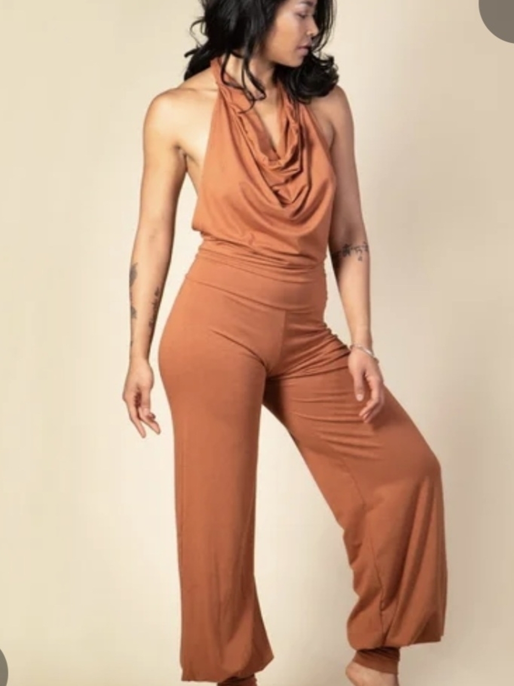 Wide-Leg Halter Jumpsuit in Brown Mauve